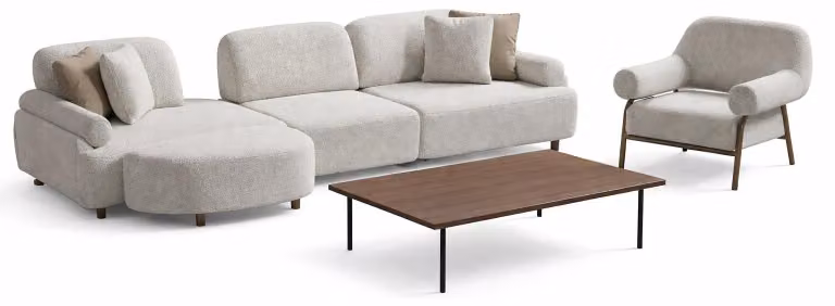 Set da salotto moderno: divano ad angolo a L bianco, set di design in stile minimalista