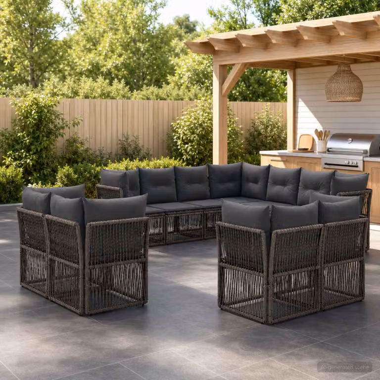 Set Divano da Giardino vidaXL 11 pz Grigio in Polyrattan con Cuscini e Struttura in Metallo