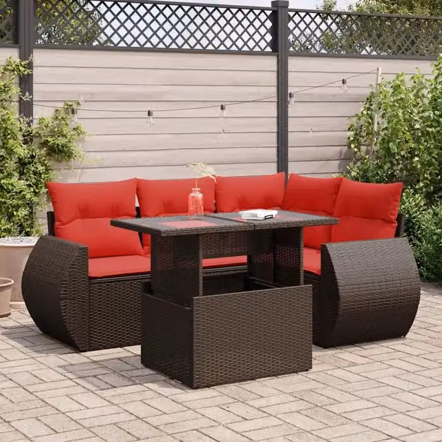 Set Divano da Giardino 5 pz Cuscini Marrone Polyrattan e Acacia 3326635