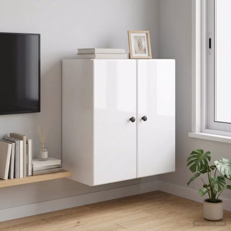 Mobiletto a muro vidaXL bianco lucido con ante a battente e ripiani interni L: 59 cm, P: 31 cm, H: 60 cm