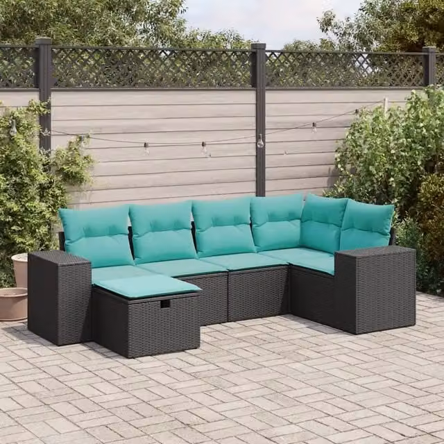 Set Divano da Giardino a L vidaXL in Polyrattan Nero con 6 Cuscini e Ottoman