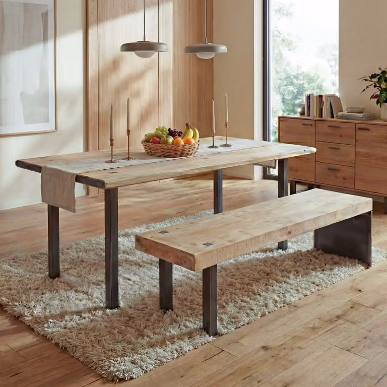 Set per sala da pranzo HWC-L75, tavolo da pranzo panca per sala da pranzo, legno massiccio MVG 200 cm, naturale