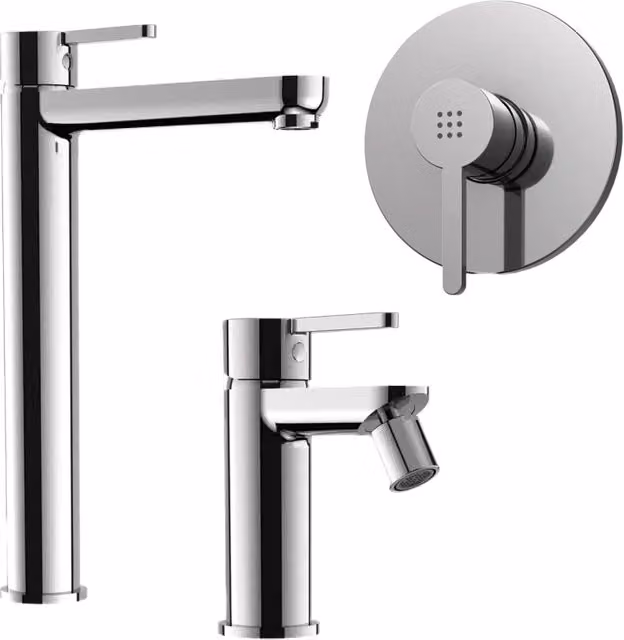 Set miscelatore lavabo alto e bidet senza scarico ed incasso doccia in ottone cromato | Virna