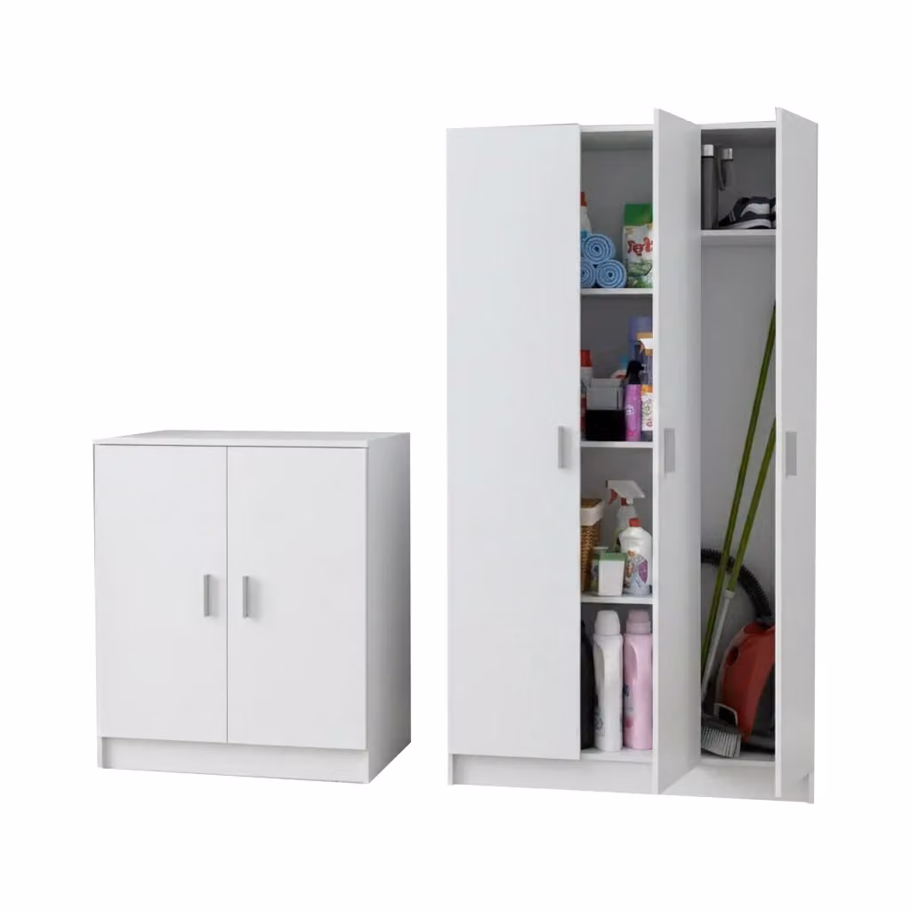 Set Mobili Ripostiglio Fenis DMORA per Lavanderia e Bagno, Bianco Opaco, con Specchio e Ripiani Interni – 2