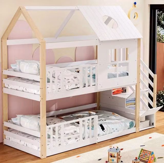 Letto a castello 90x200 cm bianco e naturale in pino e MDF con scala contenitore