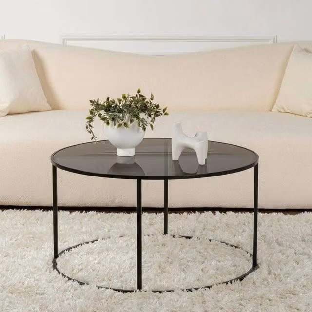 Tavolino da salotto Geralt DMORA nero e trasparente con piano in vetro e struttura in metallo, L/P/H: 80 x 80 x 43 cm