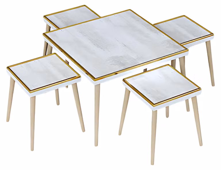 Weiße Holz- und Edelstahl-Couchtisch mit Beistelltischen im modernen