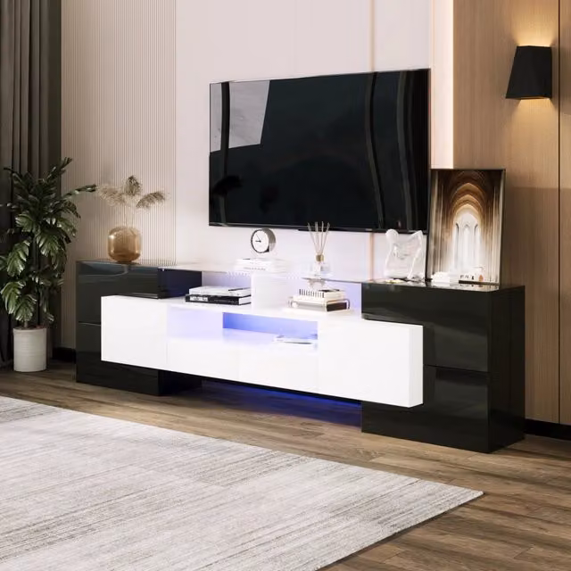 Mobile TV con LED 200x35x60 cm; 4 ante 2 cassetti e 3 vani in truciolare e MDF; nero e bianco