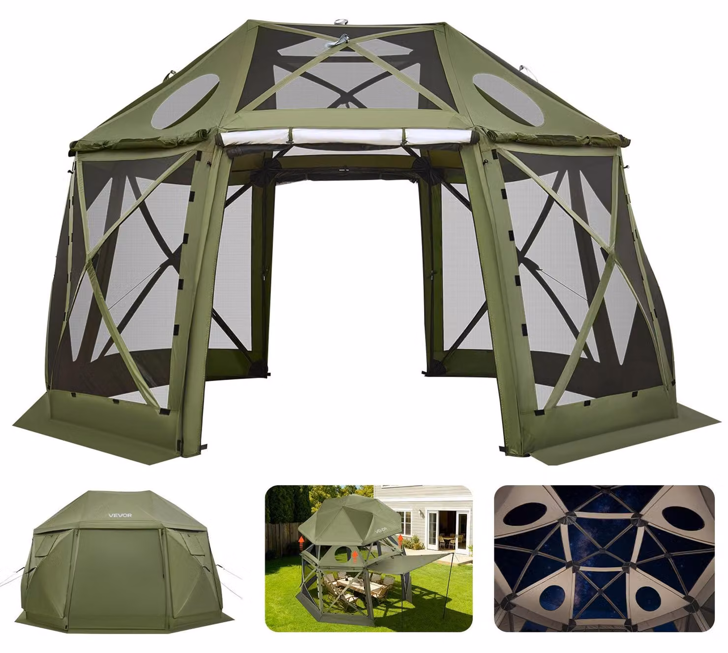 Padiglione pop-up VEVOR, 3,96 x 3,96 m, 13 lati, tenda da campeggio sferica con tetto rimovibile e borsa per il trasporto, ventilazione a 360°, protezione solare, tenda per feste per 10-12 persone, verde