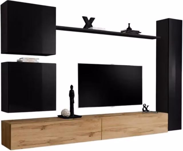 Composizione murale SWITCH VIII – Mobile TV da parete, colonna e cubi sospesi – Rovere Wotan e nero lucido – Design moderno