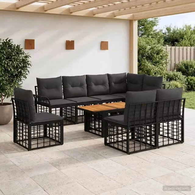 Set Divano da Giardino 9 pz vidaXL in Polyrattan con Tavolino e Cuscini, Colore Nero e Grigio – 1