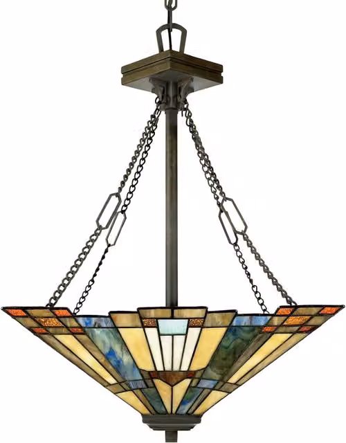 Lampadario Tiffany Inglenook Metallo Bronzo Valiant Piramide 3 Luci E27