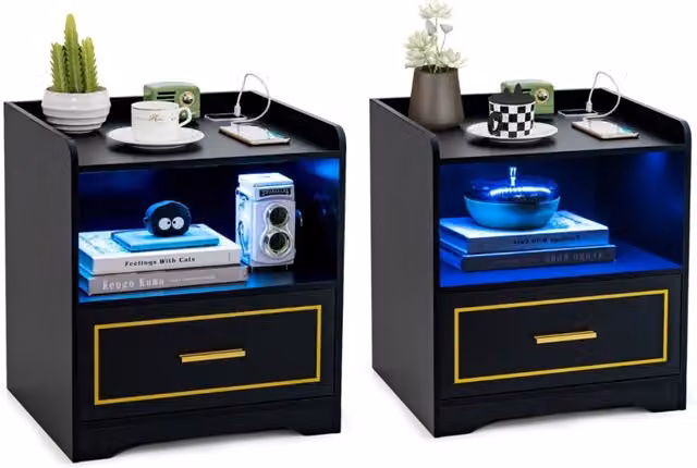 Set di 2 comodini a LED con 2 porte USB ripiano aperto e cassetto, Tavolini vintagi da divano Nero-Comodini