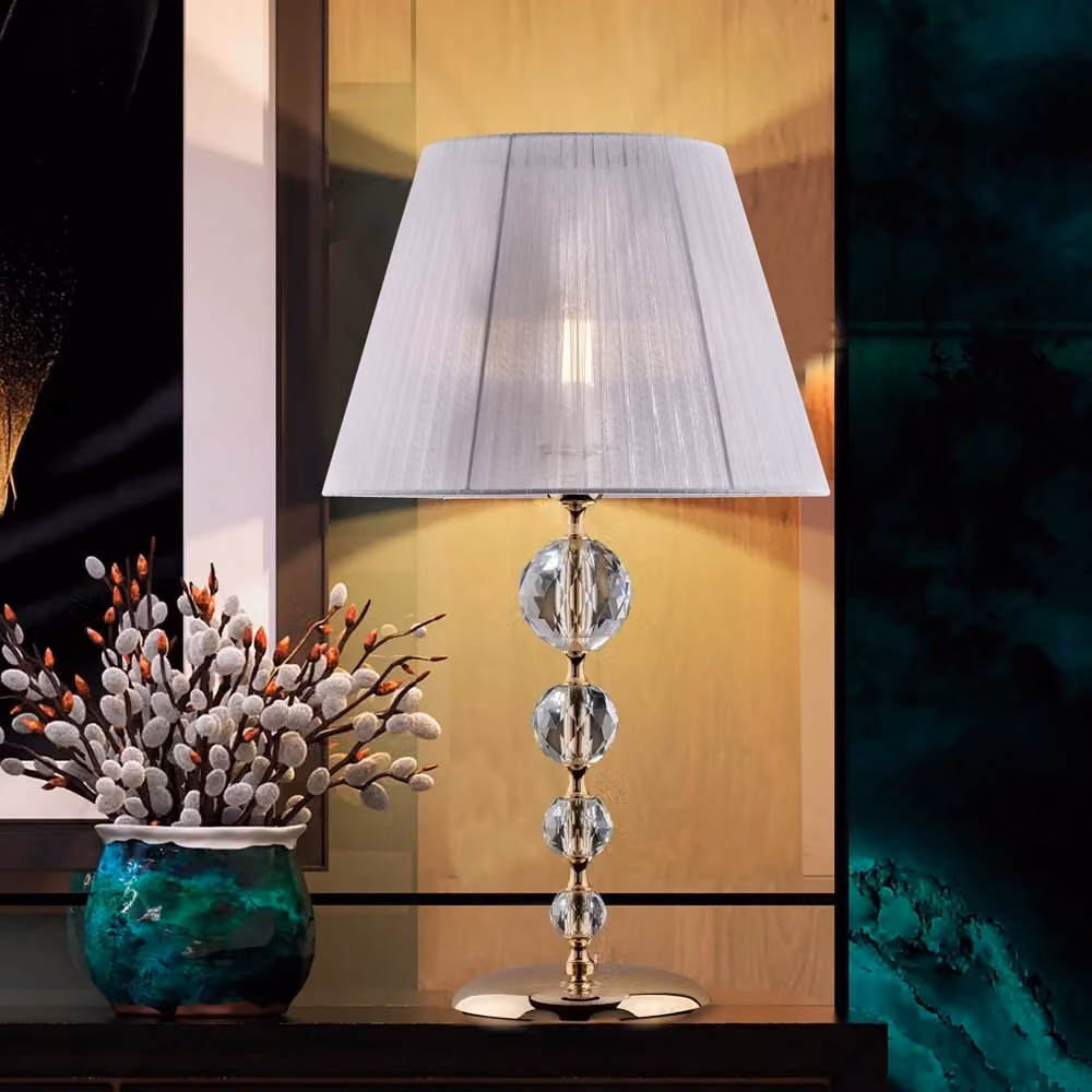 Lampada da tavolo classica Ruben Bonetti Illumina in metallo oro e cristallo con paralume in tessuto bianco e attacco E27 – 2