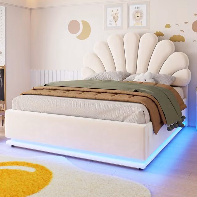 Letto contenitore 140x200 cm; matrimoniale con contenitore idraulico; testiera a fiore; LED; velluto; beige