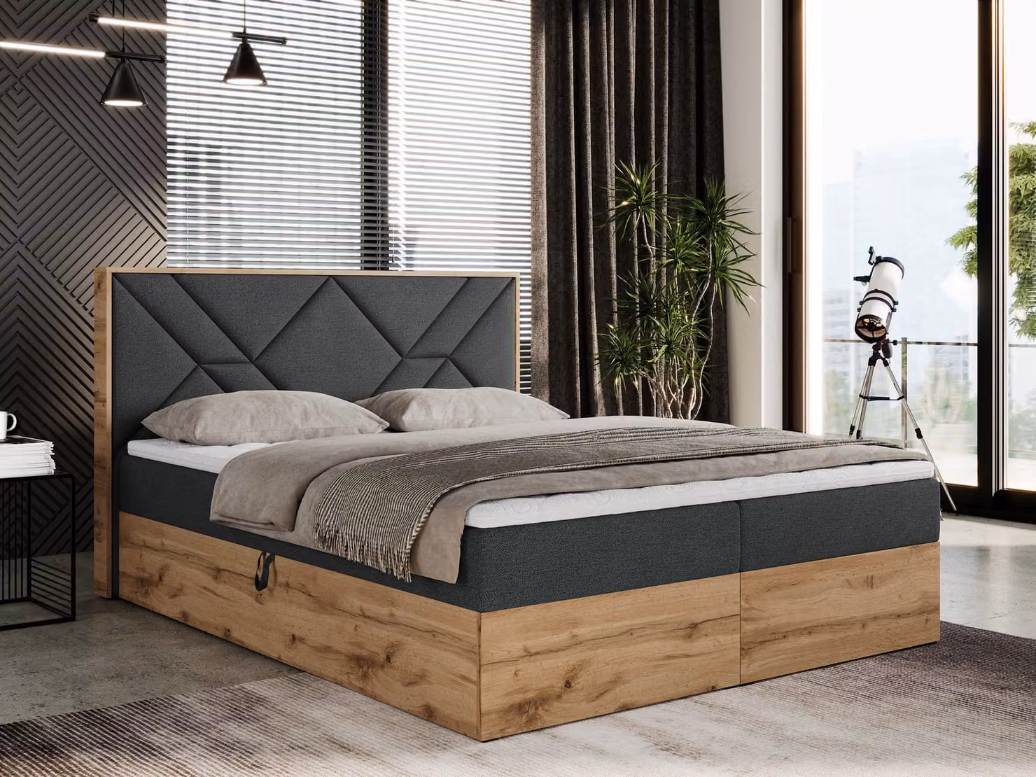 Letto boxspring 160x200 con contenitore, letto imbottito 160x200 con materasso H4, letto boxspring 160x200 con testiera, letto boxspring in legno massello - Gunar - Grigio scuro strutturato - H4