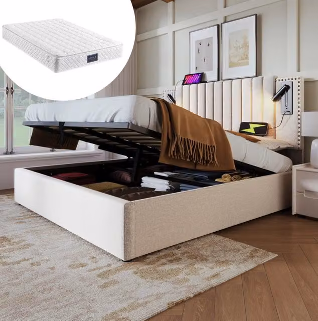 Letto 140x200 cm con contenitore, materasso H3, luci da lettura e porte USB/USB-C beige