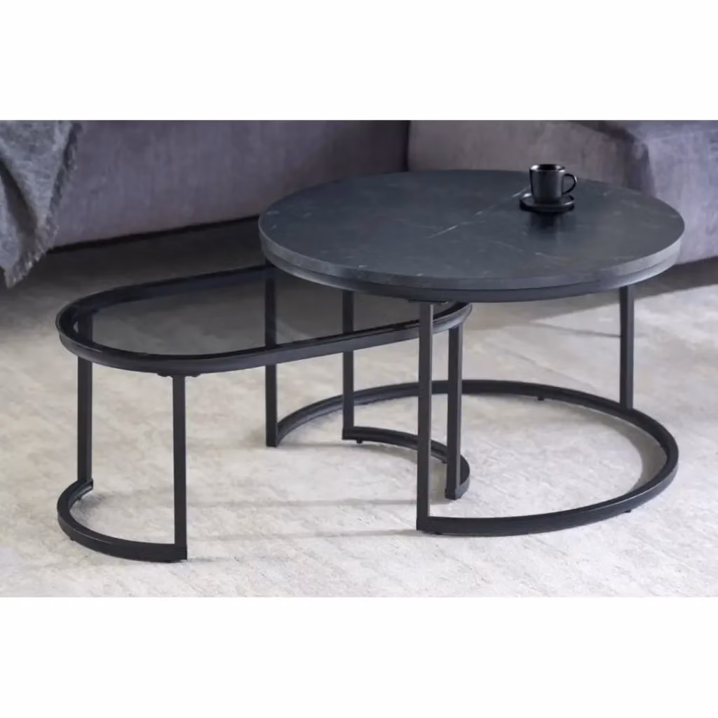 Set di tavolini bassi nidificati VELTO MEUBLORAMA neri con piano in vetro temperato e struttura in metallo, forma rotonda, L/P/H: 70 x 70 x 43 cm, 43 x 43 x 20 cm, 20 x 20 x 15 cm – 2
