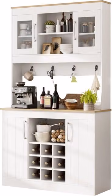 Credenza da cucina moderna con 2 ante in vetro, portabottiglie e ganci, finitura opaca bianca e beige, L: 106 cm, P: 39 cm, H: 175 cm