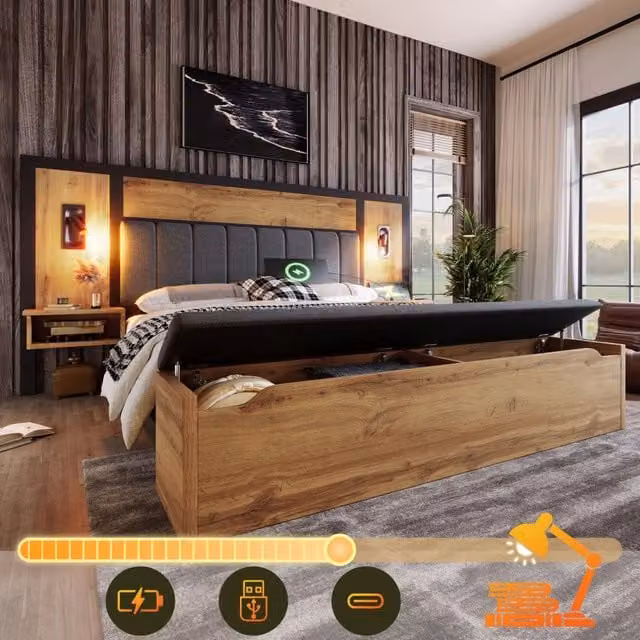 Letto matrimoniale 180 × 200 cm con lampade da lettura, comodini USB e Type-C, panca contenitore, senza materasso