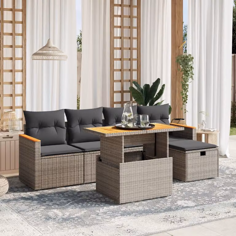 vidaXL Set Divano da Giardino a L 6 pz in Polyrattan Grigio con Cuscini e Tavolino da Esterno