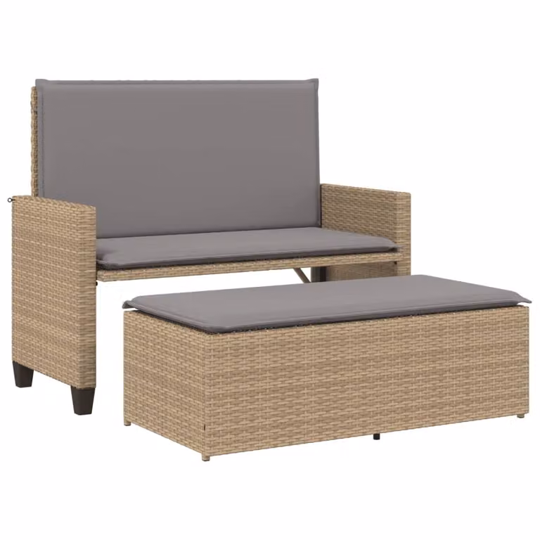Panca da Giardino con Cuscini e Poggiapiedi Beige in Polyrattan