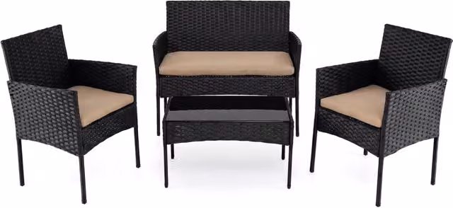 Salotto da giardino in rattan 4 pz con divano poltrone e tavolino vetro, Set esterno con cuscini per balcone terrazzo e patio Tortora