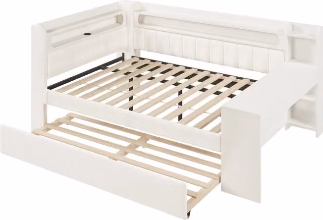 Letto giorno imbottito 140x200 con USB, illuminazione LED, letto estraibile 90x190 e scrivania, bianco
