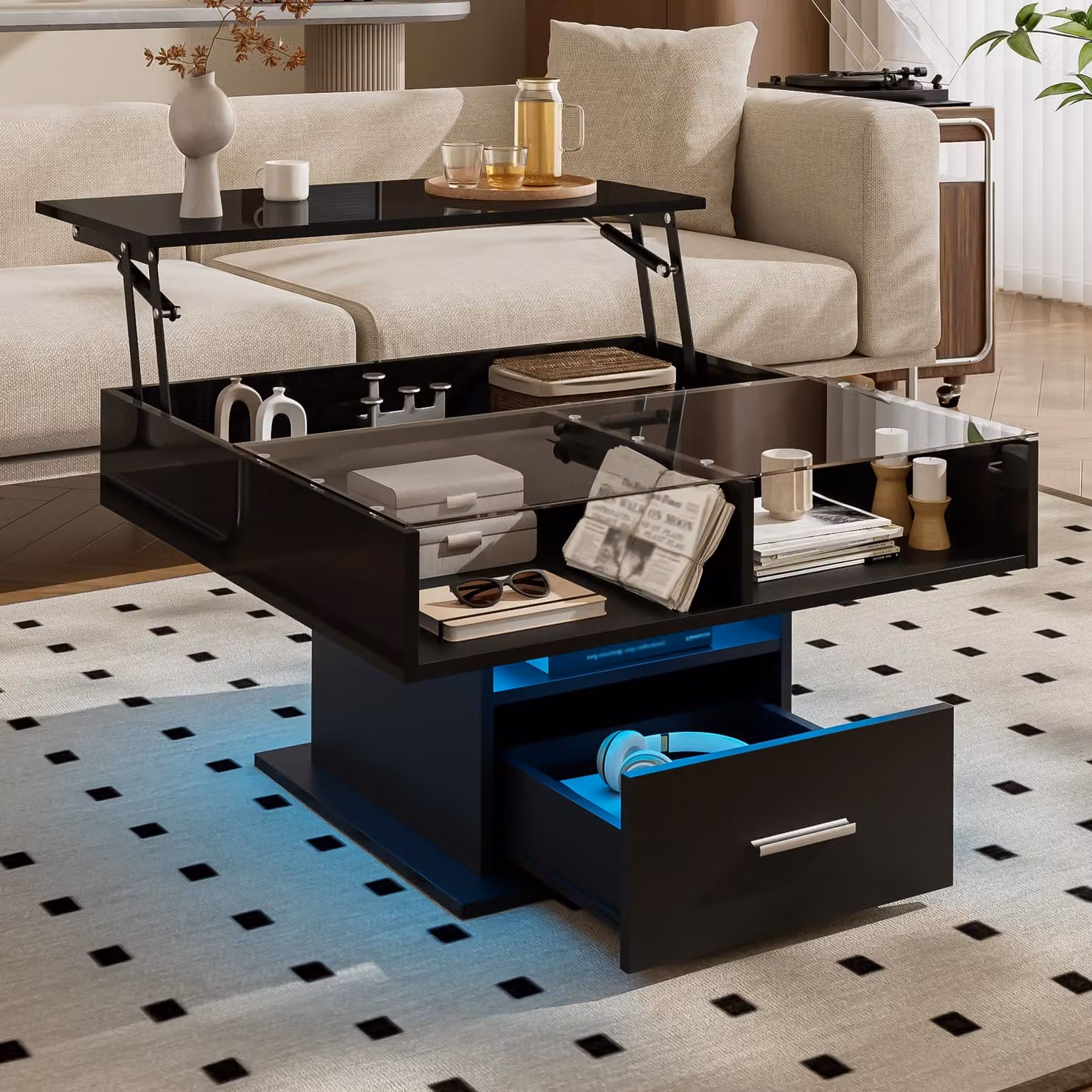 Tavolino Merax lift 78x78 cm con illuminazione a LED, tavolino da divano regolabile in altezza, moderno contenitore salvaspazio per soggiorno e ufficio, nero lucido