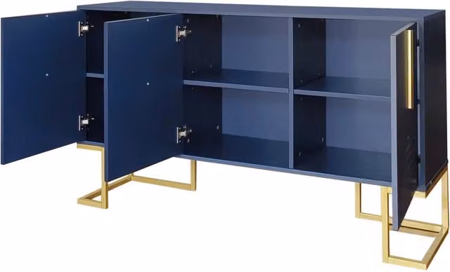 Sideboard moderno a 3 ante con ripiani regolabili, ante a U e base in metallo, blu navy, per soggiorno e cucina