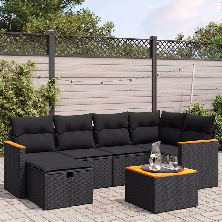 vidaXL Set Divani da Giardino a L con 7 Pezzi Nero e Tavolino, Polyrattan e Acciaio con Cuscini Rimovibili e Resistenti ai Raggi UV