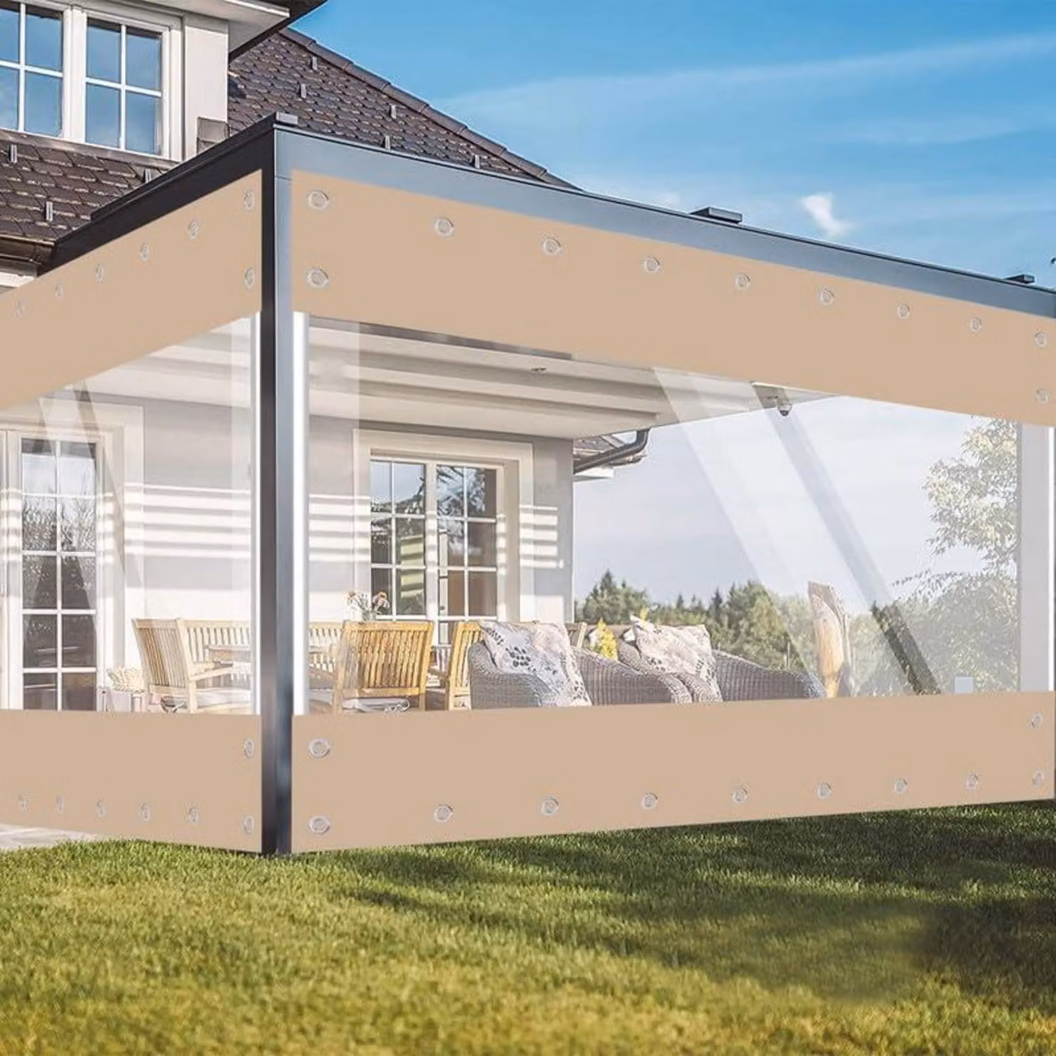 Tenda trasparente in PVC per esterni, dimensioni 2,1 x 2,4 metri, colore kaki, peso 650 g/m²
