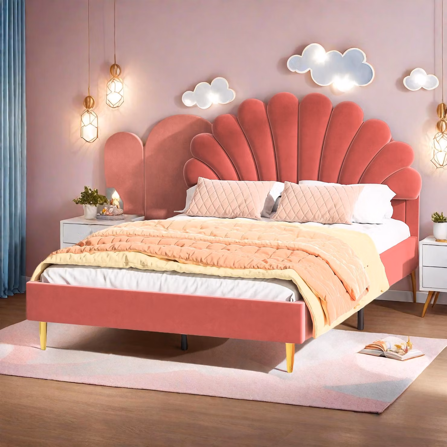 Letto imbottito Fortuna-Lai letto matrimoniale 140x200cm - con testiera a fiori, rete a doghe, velluto, stile scandinavo - rosso