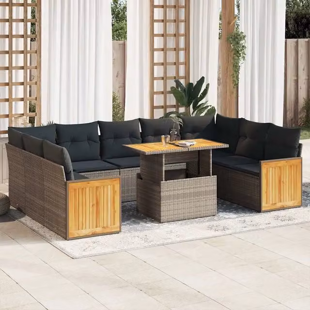 Set da giardino vidaXL a forma di U composto da 10 pezzi in polyrattan e legno di acacia con cuscini grigi e tavolino da esterno – 1