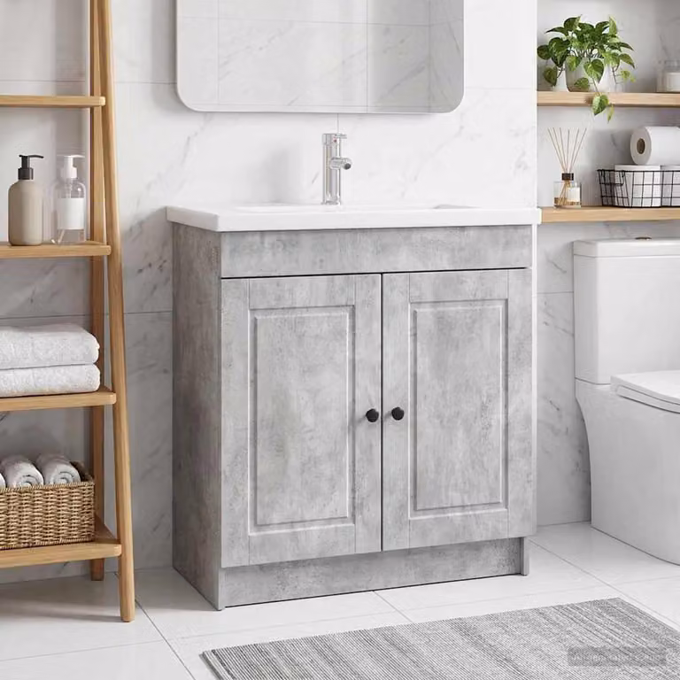 Mobiletto da bagno sotto il lavello vidaXL Grigio Cemento con ante a battente e ripiani interni, L/P/H: 81,0 x 37,5 x 78,5 cm