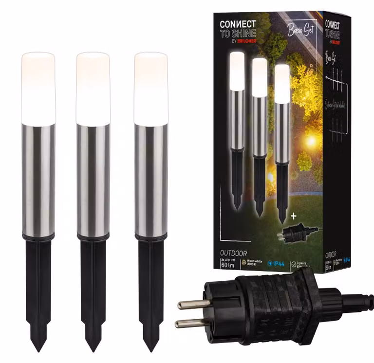Set di 3 lampade a LED da esterno, 12V, grado di protezione IP44, luce bianco caldo, 36,5 cm, colore argento