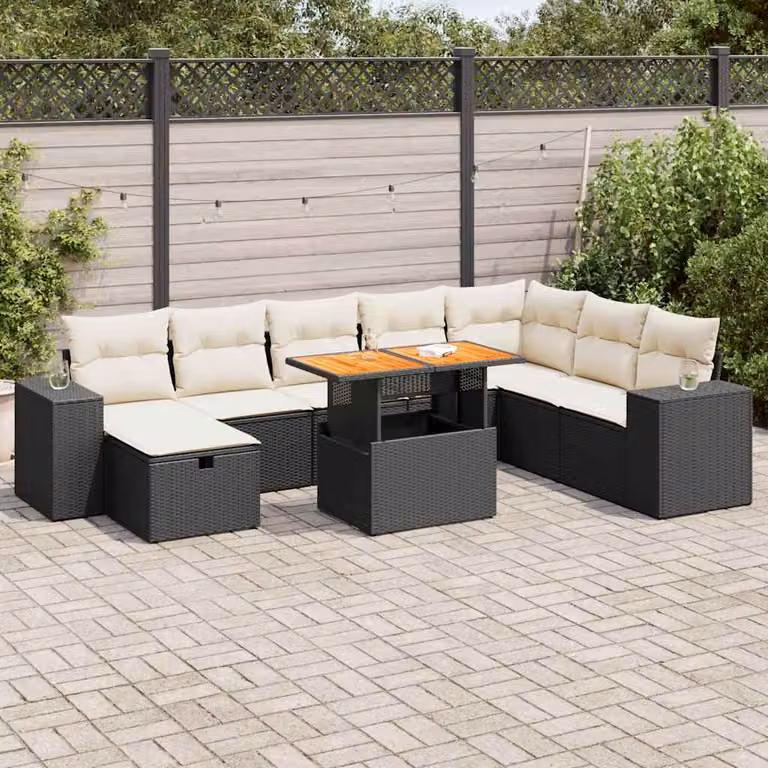 Set di divani da giardino vidaXL 9 pezzi con cuscini in rattan e legno di acacia oliato, colore nero