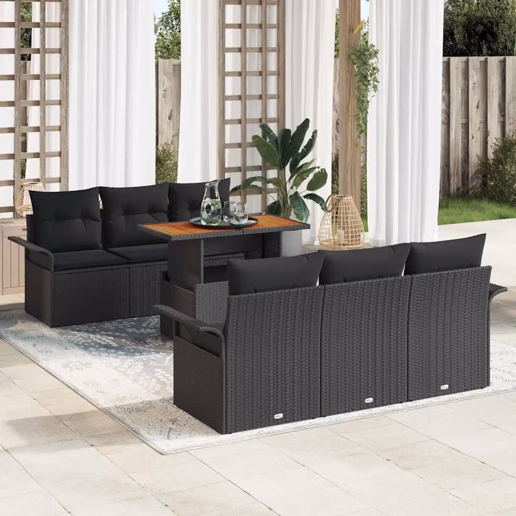 Set Divano da Giardino Moderno vidaXL 7 Pezzi con Tavolino e Cuscini Nero – 1