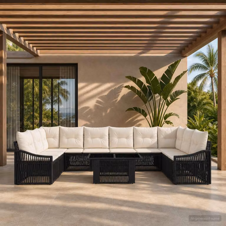 Set Divano da Giardino vidaXL 11 pz in Polyrattan Nero e Bianco Crema con Tavolino e Cuscini