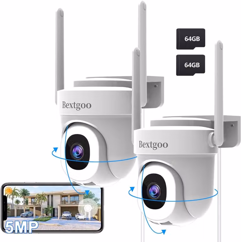 Telecamera di sicurezza WiFi per esterni, risoluzione 5MP, con scheda TF da 64G, compatibile con WiFi 2,4/5G, telecamera di sorveglianza automatica a 360° e con rilevamento del movimento