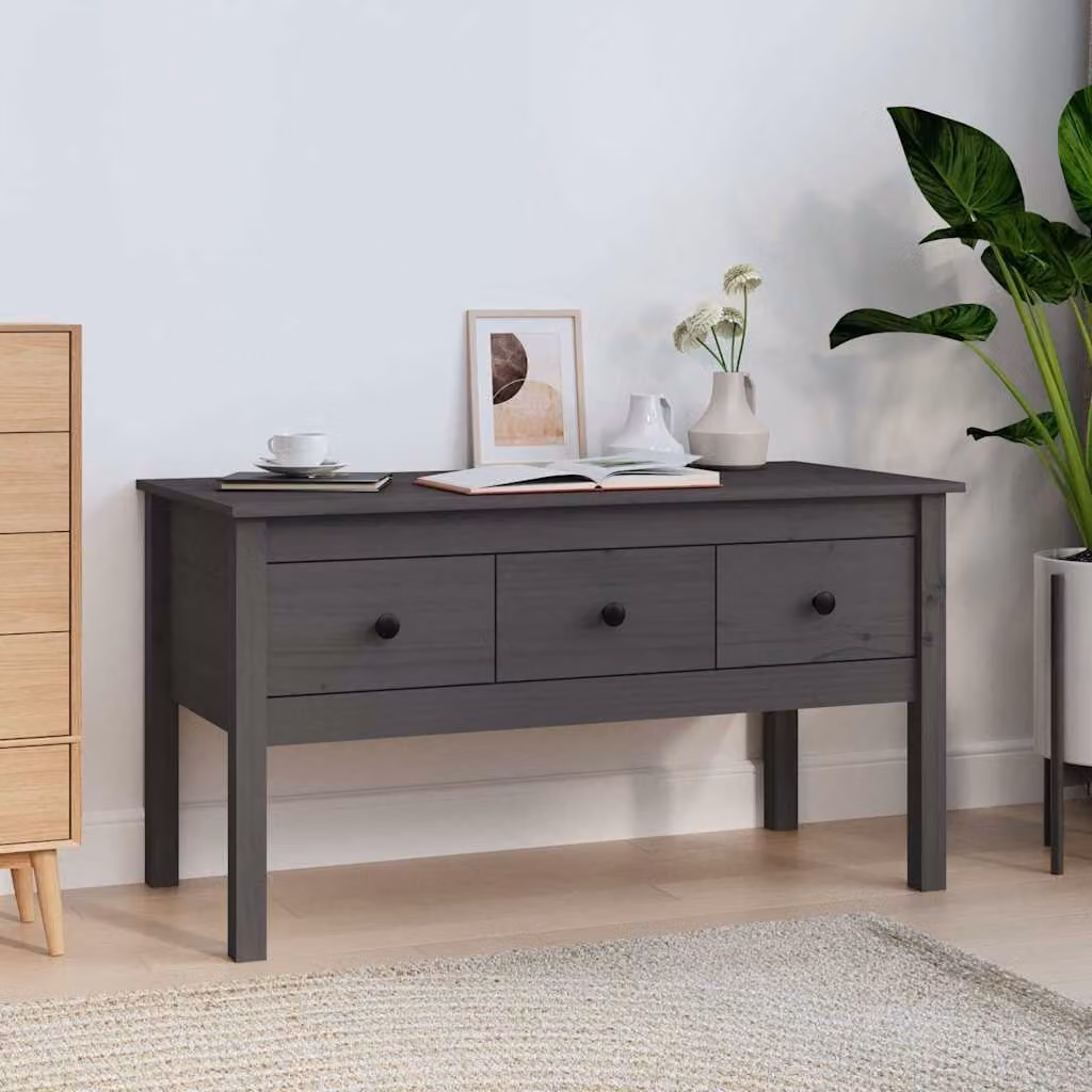 vidaXL Tavolino da Salotto Rettangolare in Legno Massello di Pino Grigio L/P/H: 102 x 49 x 55 cm