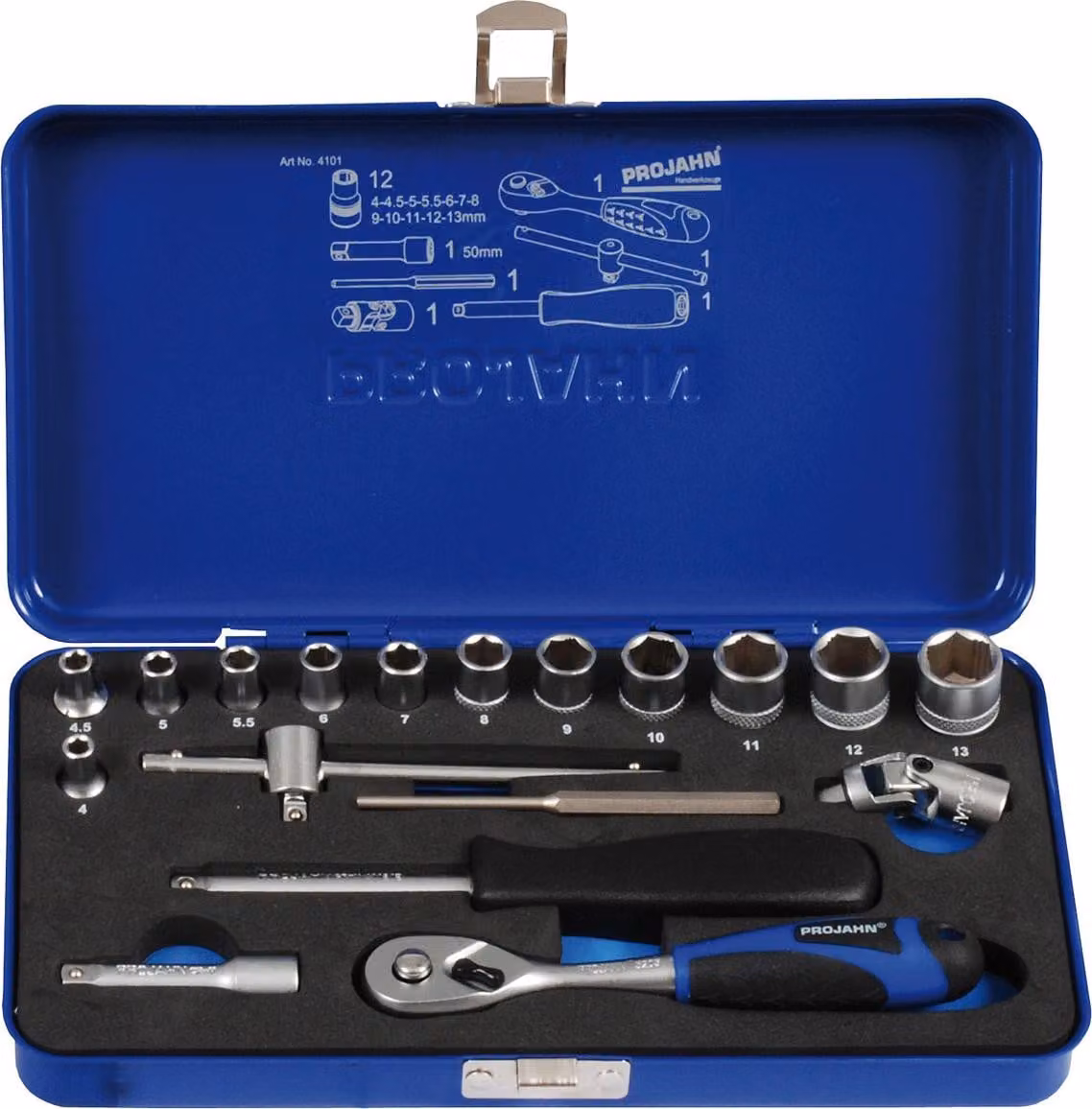 Projahn Xi-on Steckschlüsselkoffer metrisch 6-kant 6,3 / 1/4" 18-tlg,, 4101