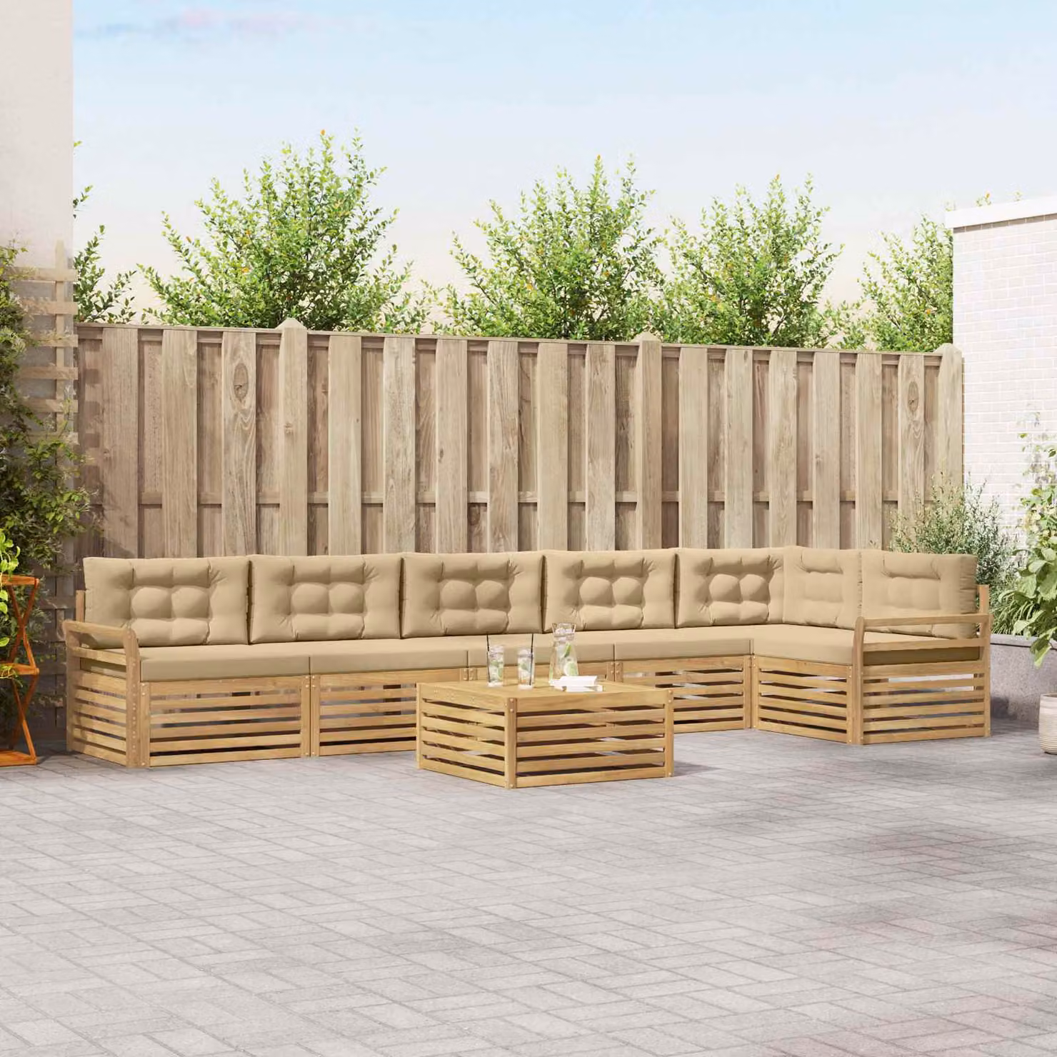 vidaXL Set di divani da esterno 7 pz in legno di acacia, Bianco, Beige e Marrone