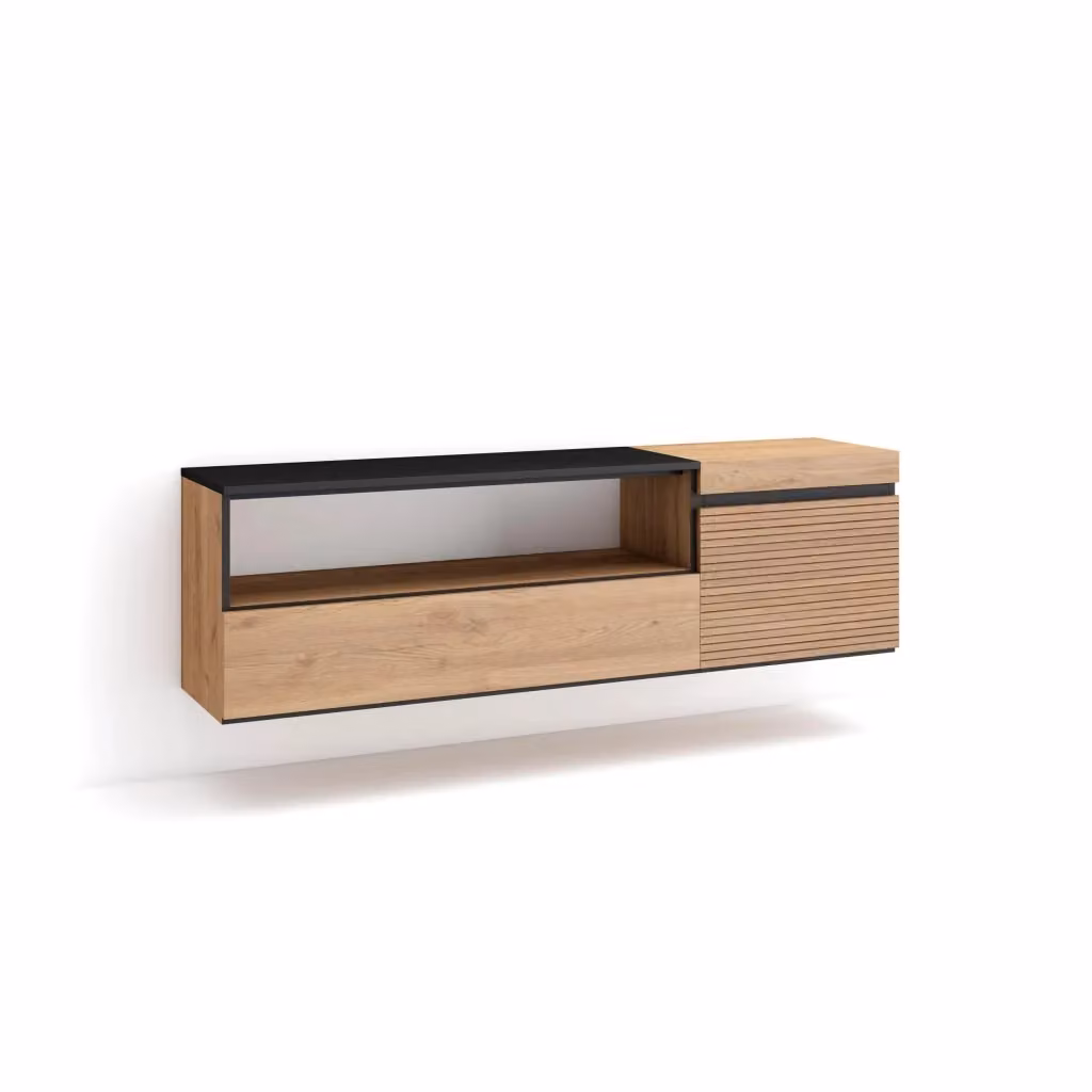 Mobile TV da appendere SKRAUT HOME per soggiorno moderno, L 102 cm x P 35 cm x H 45 cm, colore Rovere e Nero – 2