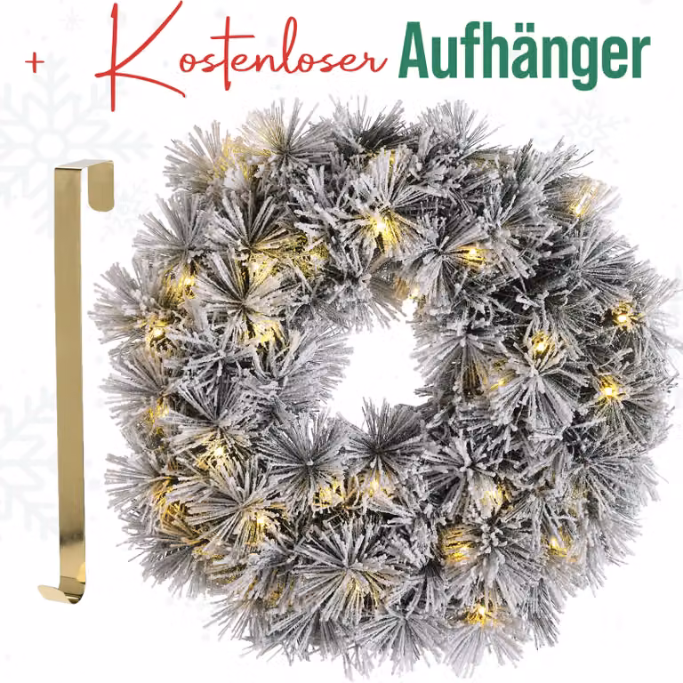 MeisterHome ® Ghirlanda di Natale artificiale per porta Ø 50 cm - Ghirlanda di Natale per porta per interni ed esterni con 35 LED, timer e decorazione di neve + appendino color oro