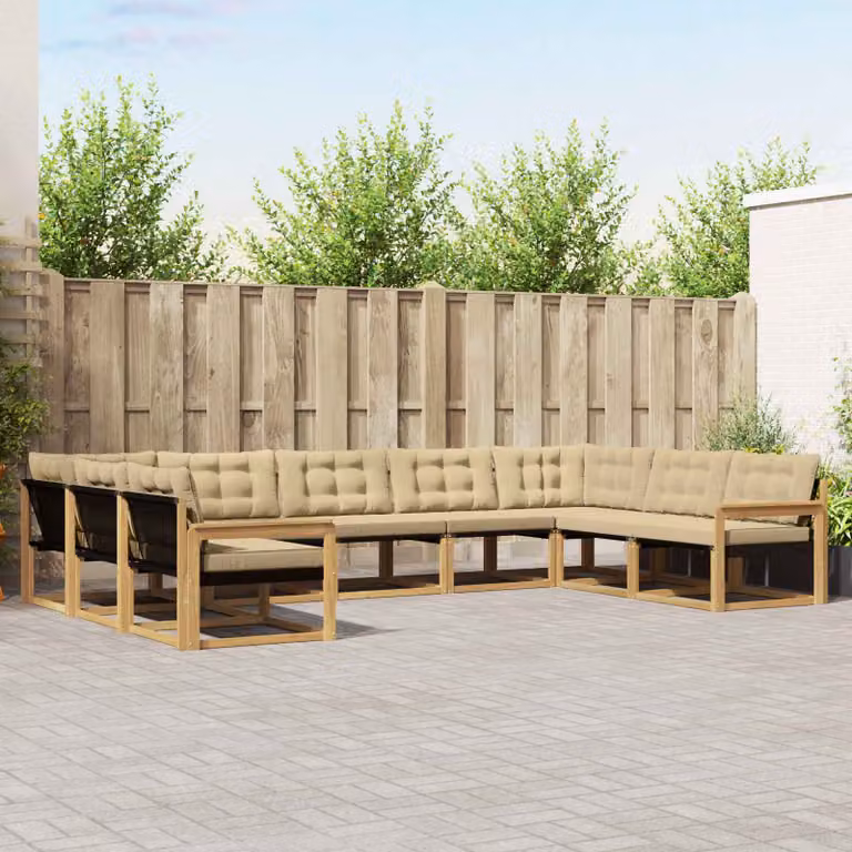 vidaXL Set di divani da esterno a forma di U composto da 9 pezzi in legno di acacia con cuscini, Bianco e Beige