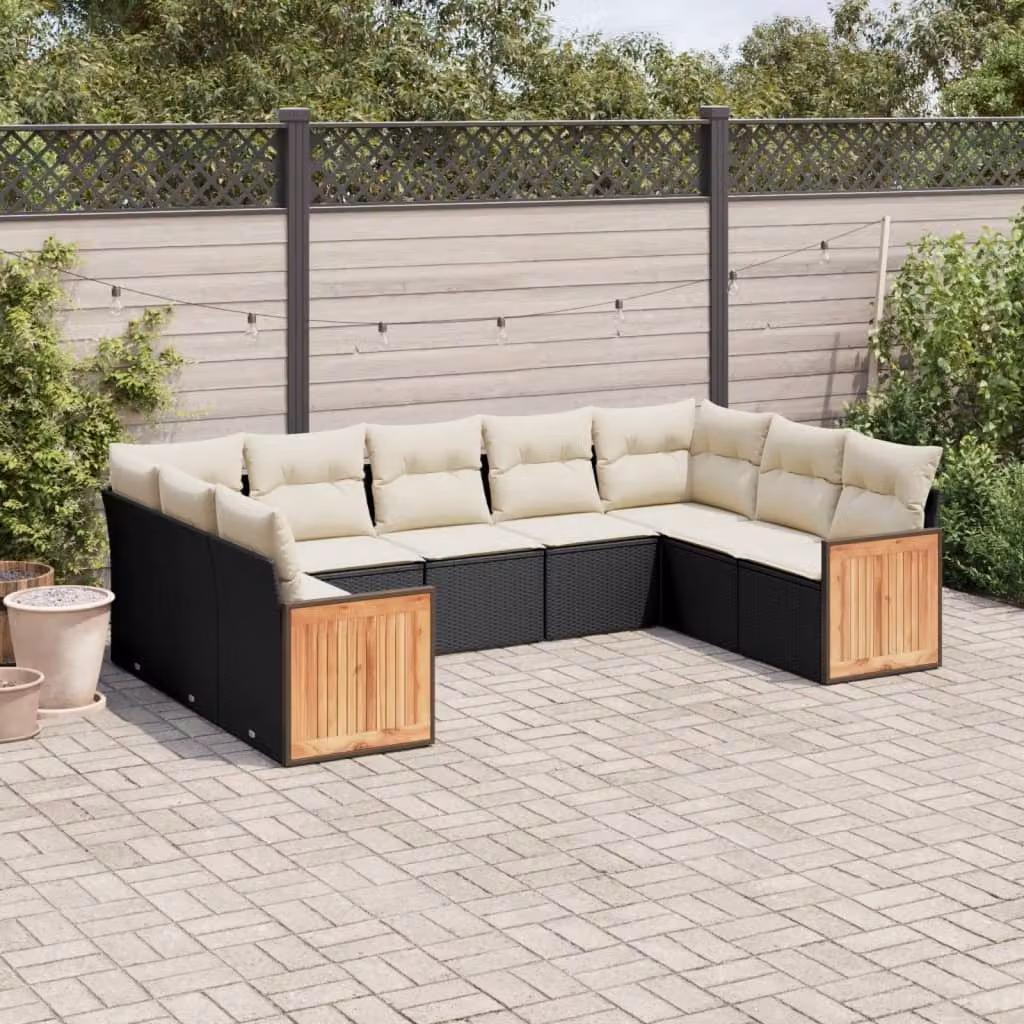 vidaXL Set Divani da Giardino a L 9 pz con Cuscini, Polyrattan e Acciaio, Nero e Bianco – 1