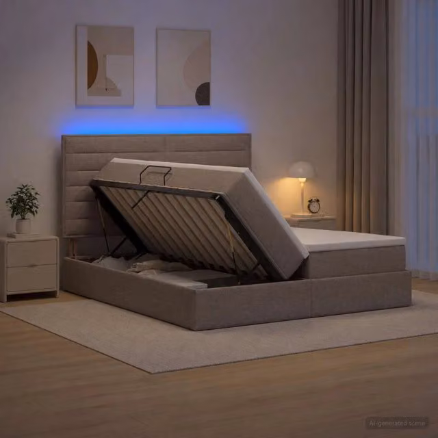 Letto con contenitore e illuminazione LED vidaXL, rivestimento in tessuto beige o grigio, L: 180 cm, P: 200 cm, H: 140 cm – 1