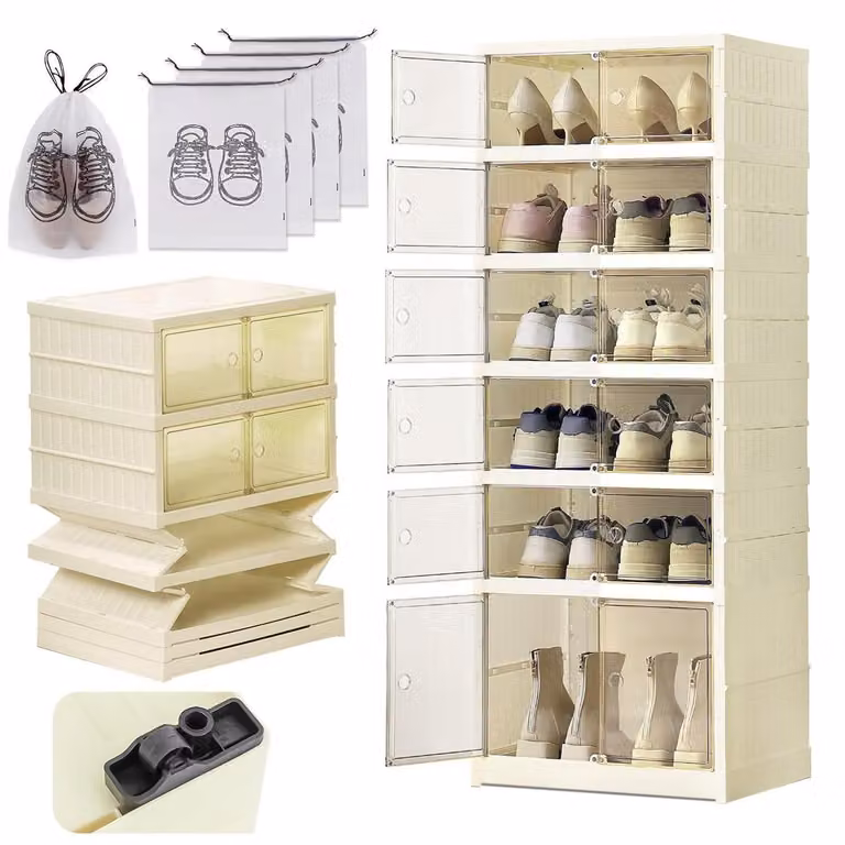 Scatole per scarpe impilabili, trasparenti, pieghevoli, con chiusura magnetica, per 12 paia di scarpe, fino alla taglia 46, colore bianco