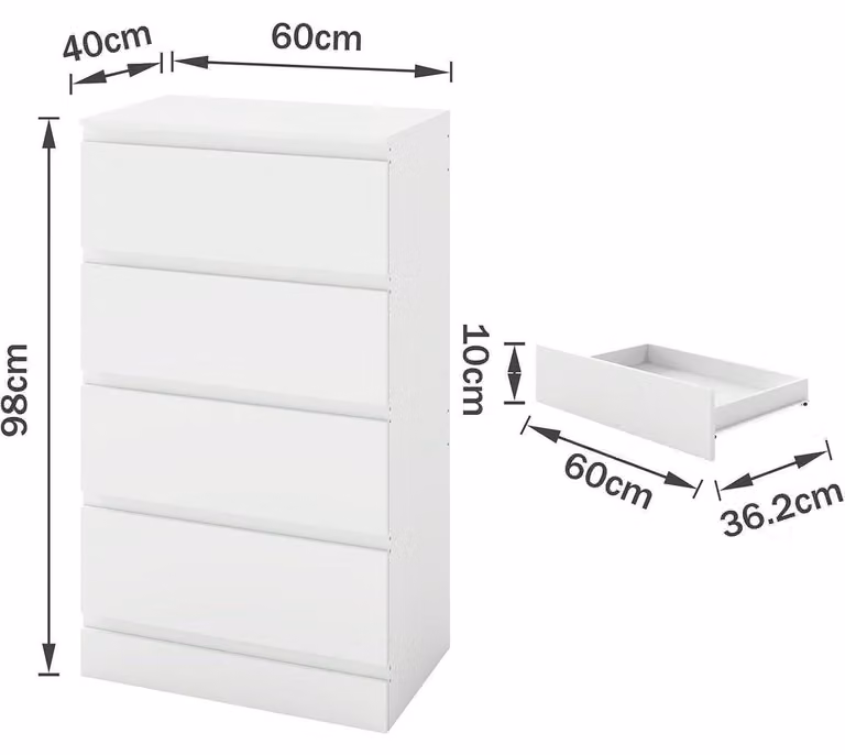 Comodino largo 120 cm, bianco opaco, con 4 cassetti, set da 2